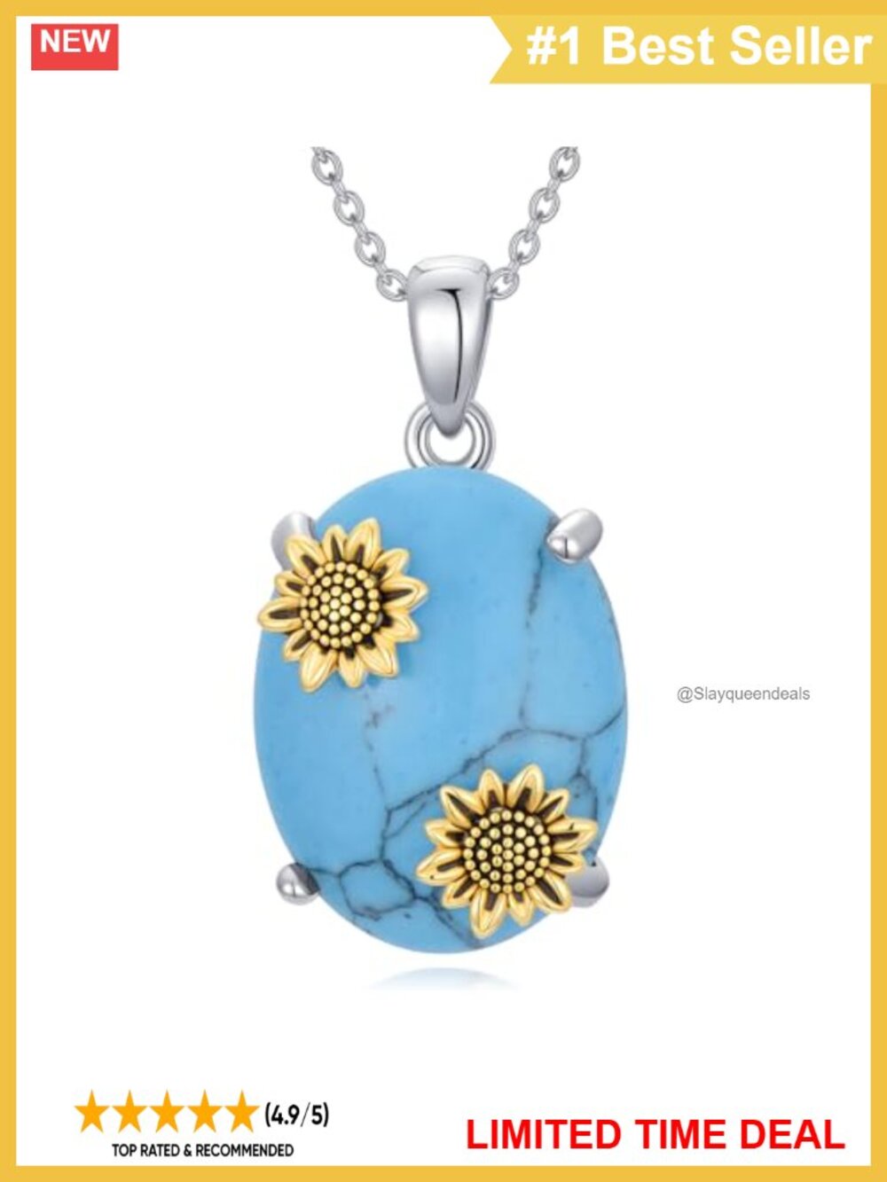 925 Sterling Silver Sunflower Turquoise Pendant Necklace Adjustable Chain